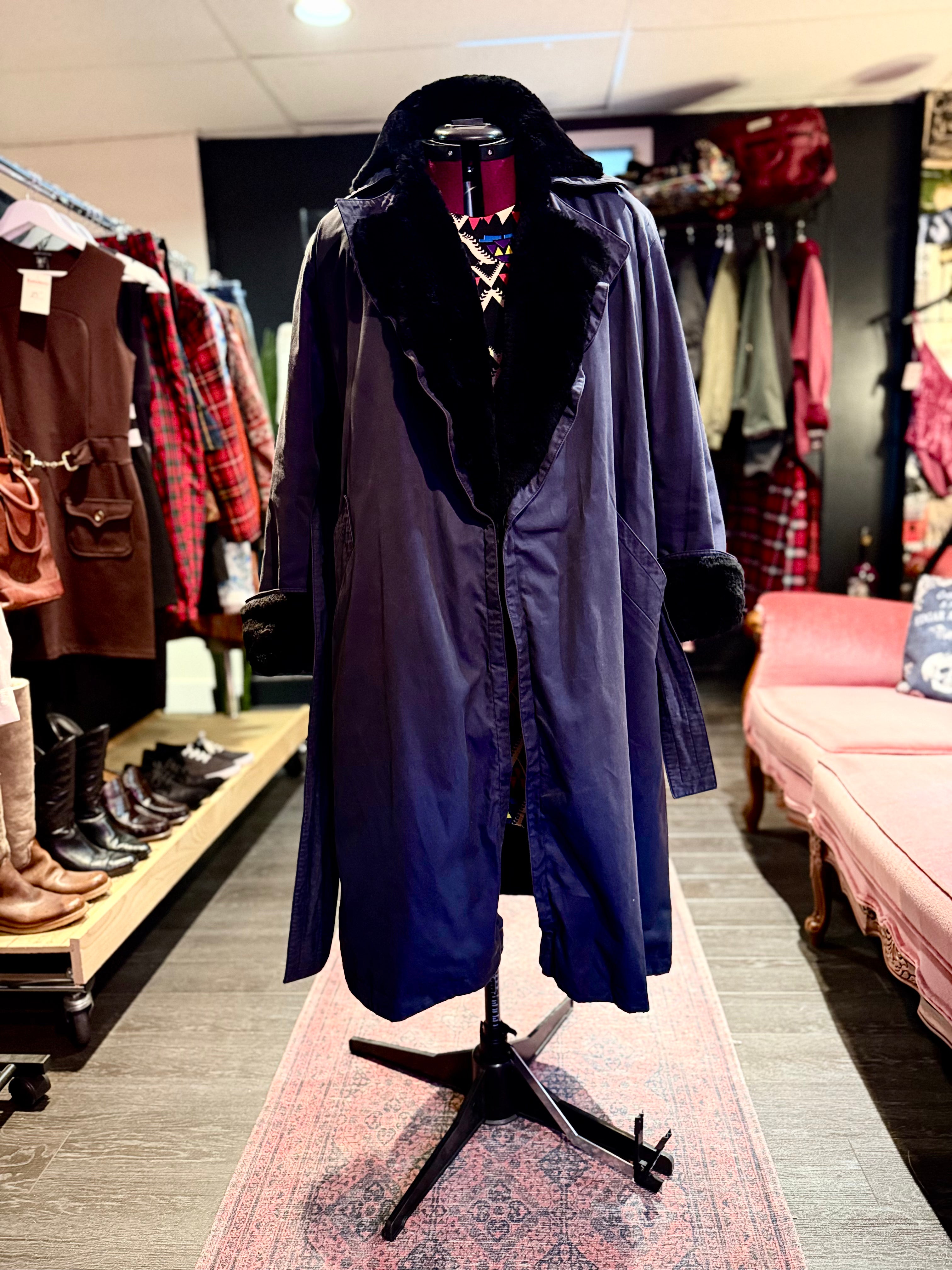 Vintage Yves Saint Laurent Black Trench Coat with Fur lining from the 1980s