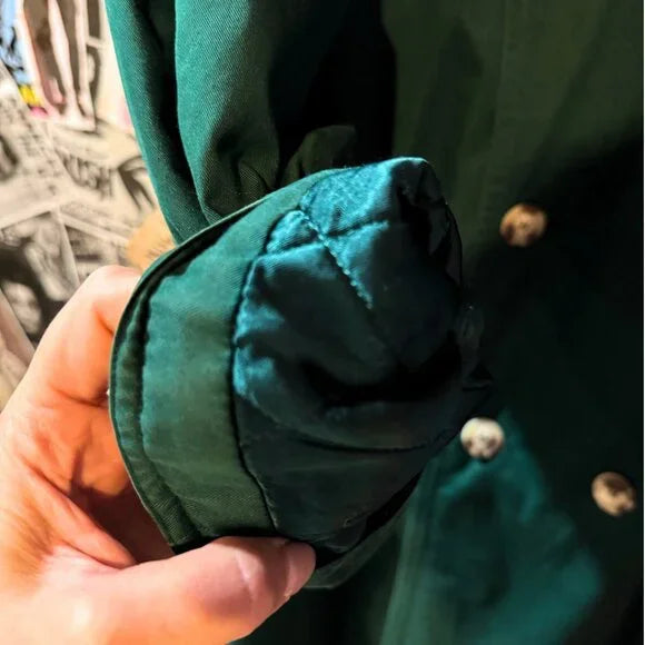 ✨ Rare 1980s Hugo Boss Forest Green Quilted Trench Coat – Swiss Made – Collectors